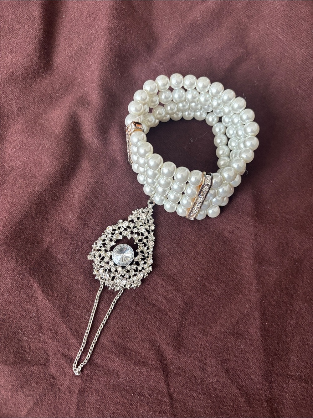 Elegant White Pearl Multi-Strand Bracelet with Crystal Teardrop Charm